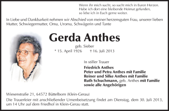 Traueranzeige von Gerda Anthes von Rüsselsheimer Echo, Groß-Gerauer-Echo, Ried Echo