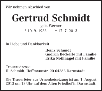 Traueranzeige von Gertrud Schmidt von Echo-Zeitungen (Gesamtausgabe)