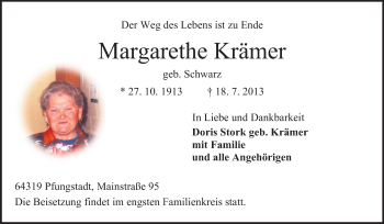 Traueranzeige von Margarethe Krämer von Echo-Zeitungen (Gesamtausgabe)