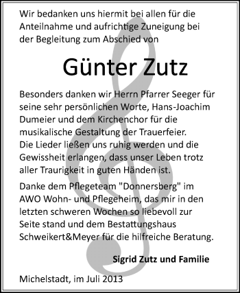 Traueranzeige von Günter Zutz von Odenwälder Echo