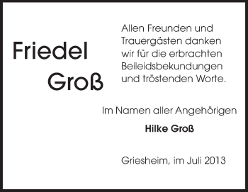 Traueranzeige von Friedel Groß von Echo-Zeitungen (Gesamtausgabe)