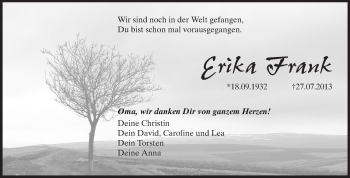 Traueranzeige von Erika Frank von Echo-Zeitungen (Gesamtausgabe)