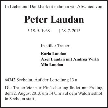 Traueranzeige von Peter Laudan von Echo-Zeitungen (Gesamtausgabe)