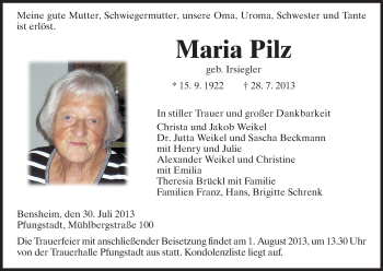 Traueranzeige von Maria Pilz von Echo-Zeitungen (Gesamtausgabe)