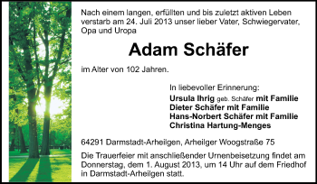 Traueranzeige von Adam Schäfer von Echo-Zeitungen (Gesamtausgabe)