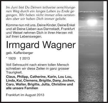 Traueranzeige von Irmgard Wagner von Echo-Zeitungen (Gesamtausgabe)
