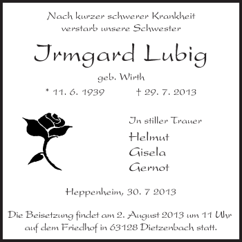 Traueranzeige von Irmgard Lubig von Starkenburger Echo