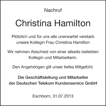 Traueranzeige von Christina Hamilton von Echo-Zeitungen (Gesamtausgabe)