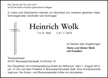 Traueranzeige von Heinrich Wolk von Odenwälder Echo