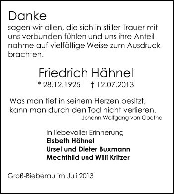 Traueranzeige von Friedrich Hähnel von Echo-Zeitungen (Gesamtausgabe)