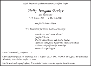 Traueranzeige von Heike Irmgard Becker von Echo-Zeitungen (Gesamtausgabe)