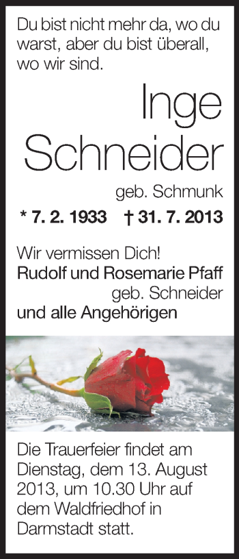 Traueranzeige von Inge Schneider von Echo-Zeitungen (Gesamtausgabe)