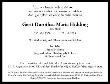Traueranzeige von Gerit Dorothea Maria Hidding von Echo-Zeitungen (Gesamtausgabe)