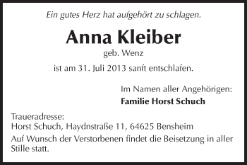Traueranzeige von Anna Kleiber von Echo-Zeitungen (Gesamtausgabe)
