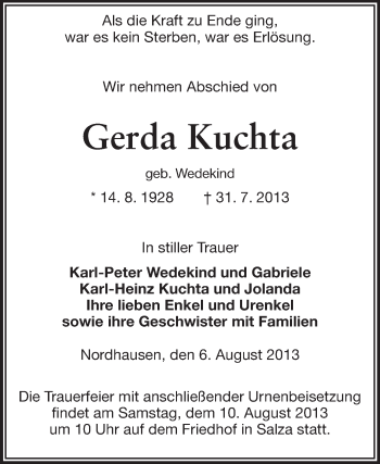 Traueranzeige von Gerda Kuchta von Odenwälder Echo