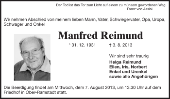 Traueranzeige von Manfred Reimund von Darmstädter Echo, Odenwälder Echo, Rüsselsheimer Echo, Groß-Gerauer-Echo, Ried Echo