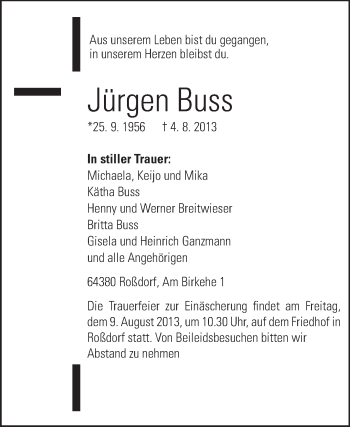 Traueranzeige von Jürgen Buss von Echo-Zeitungen (Gesamtausgabe)