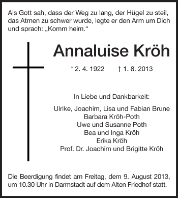 Traueranzeige von Annaluise Kröh von Echo-Zeitungen (Gesamtausgabe)