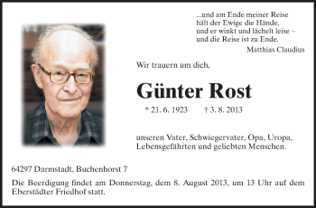 Traueranzeige von Günter Rost von Echo-Zeitungen (Gesamtausgabe)