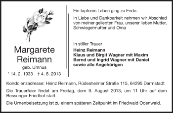 Traueranzeige von Margarete Reimann von Echo-Zeitungen (Gesamtausgabe)