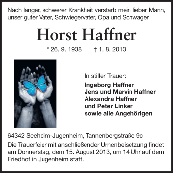 Traueranzeige von Horst Haffner von Echo-Zeitungen (Gesamtausgabe)