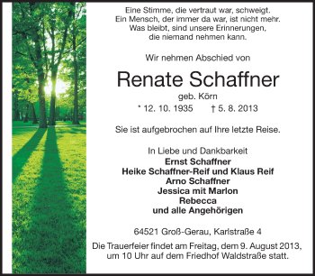 Traueranzeige von Renate Schaffner von Rüsselsheimer Echo, Groß-Gerauer-Echo, Ried Echo