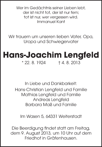 Traueranzeige von Hans-Joachim Lengfeld von Echo-Zeitungen (Gesamtausgabe)