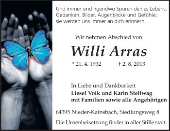 Traueranzeige von Willi Arras von Odenwälder Echo