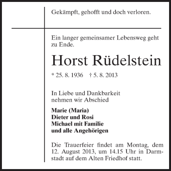 Traueranzeige von Horst Rüdelstein von Echo-Zeitungen (Gesamtausgabe)