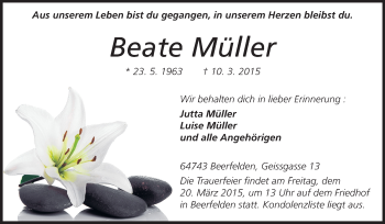 Traueranzeige von Beate Müller von Odenwälder Echo