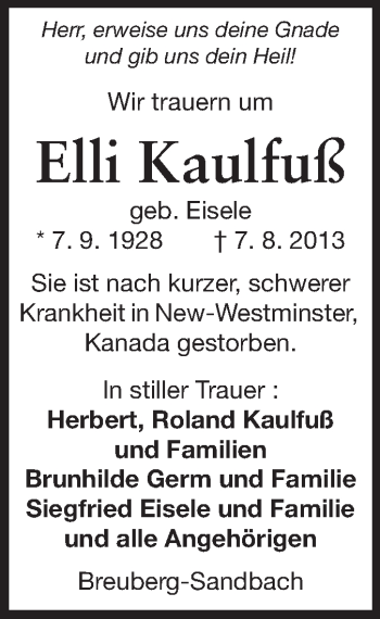 Traueranzeige von Elli Kaulfuß von Echo-Zeitungen (Gesamtausgabe)
