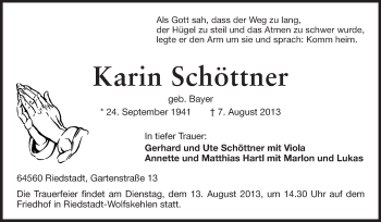Traueranzeige von Karin Schöttner von Echo-Zeitungen (Gesamtausgabe)
