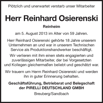 Traueranzeige von Reinhard Osierenski von Odenwälder Echo