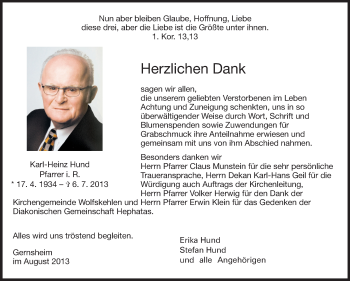Traueranzeige von Karl-Heinz Hund von Echo-Zeitungen (Gesamtausgabe)