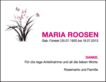 Traueranzeige von Maria Roosen von Rüsselsheimer Echo, Groß-Gerauer-Echo, Ried Echo