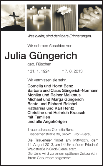Traueranzeige von Julia Güngerich von Echo-Zeitungen (Gesamtausgabe)