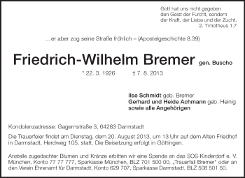 Traueranzeige von Friedrich-Wilhelm Bremer von Echo-Zeitungen (Gesamtausgabe)