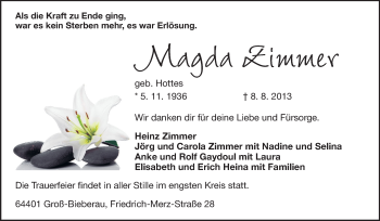 Traueranzeige von Magda Zimmer von Echo-Zeitungen (Gesamtausgabe)