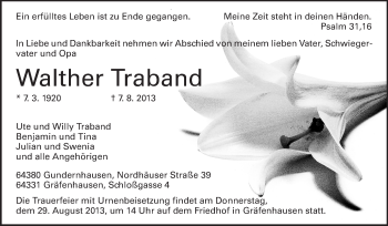 Traueranzeige von Walther Traband von Echo-Zeitungen (Gesamtausgabe)