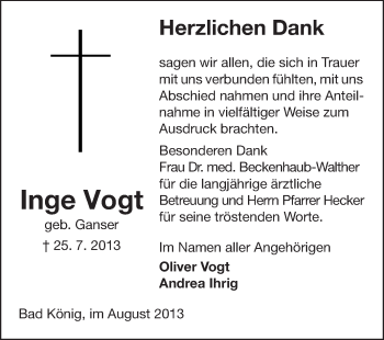 Traueranzeige von Inge Vogt von Echo-Zeitungen (Gesamtausgabe)