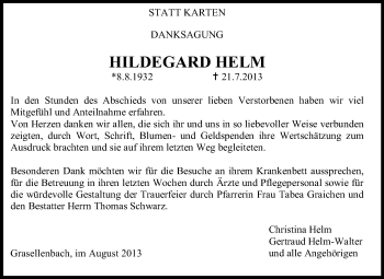 Traueranzeige von Hildegard Helm von Odenwälder Echo