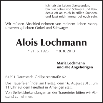 Traueranzeige von Alois Lochmann von Echo-Zeitungen (Gesamtausgabe)