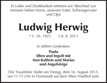 Traueranzeige von Ludwig Herwig von Echo-Zeitungen (Gesamtausgabe)