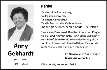 Traueranzeige von Änny Gebhardt von Odenwälder Echo