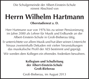 Traueranzeige von Wilhelm Hartmann von Echo-Zeitungen (Gesamtausgabe)