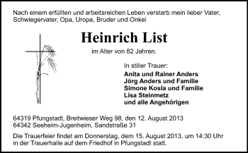 Traueranzeige von Heinrich List von Echo-Zeitungen (Gesamtausgabe)