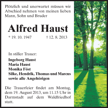Traueranzeige von Alfred Haust von Echo-Zeitungen (Gesamtausgabe)