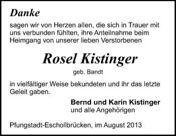 Traueranzeige von Rosel Kistinger von Echo-Zeitungen (Gesamtausgabe)