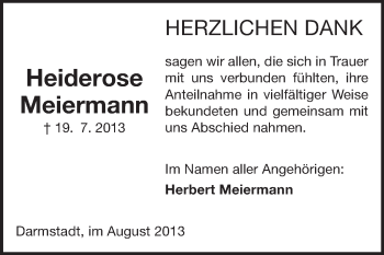 Traueranzeige von Heiderose Meiermann von Darmstädter Echo, Odenwälder Echo, Rüsselsheimer Echo, Groß-Gerauer-Echo, Ried Echo