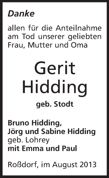 Traueranzeige von Gerit Hidding von Echo-Zeitungen (Gesamtausgabe)